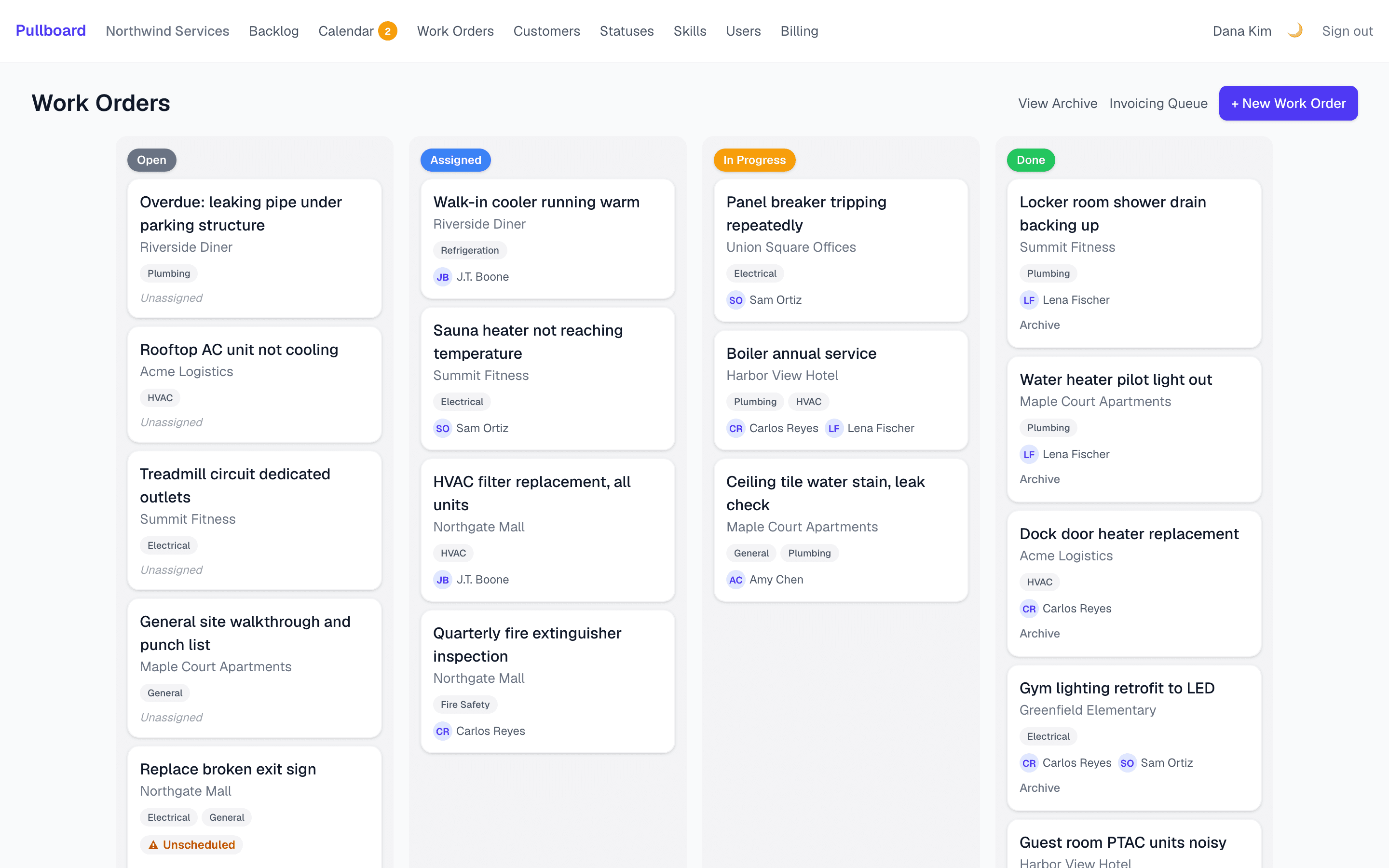 Pullboard dispatch board with Open, Assigned, In Progress and Done columns