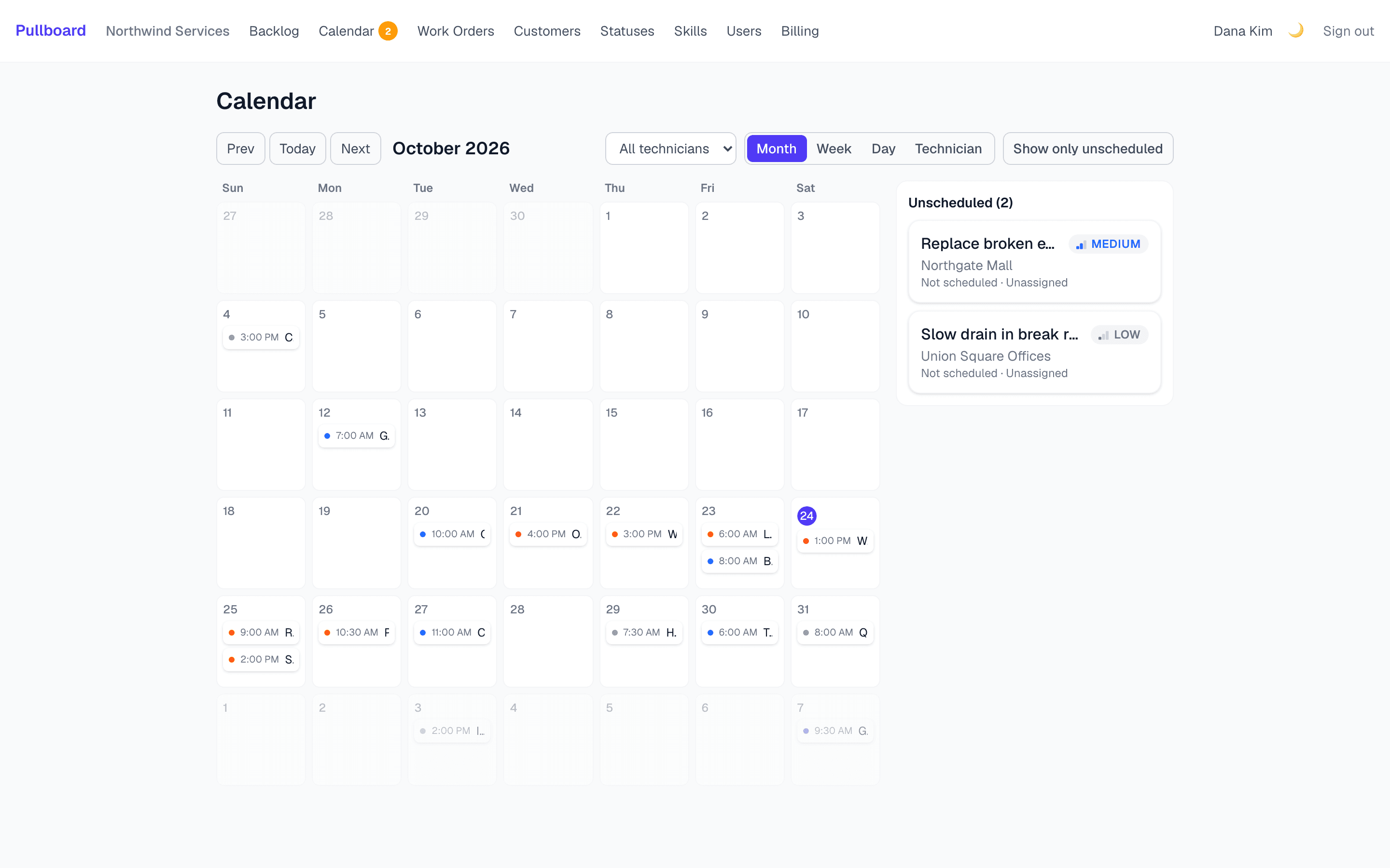 Pullboard calendar showing a month of scheduled jobs and two unscheduled work orders
